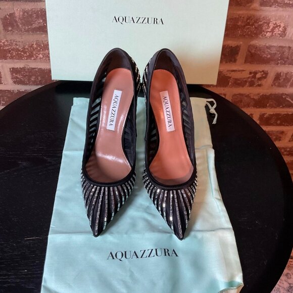 Aquazzura Shoes - Aquazzura Black Mesh Crystal Embellished Stiletto Heels Pumps